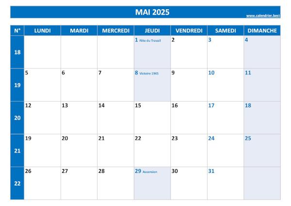 Calendrier mai 2025 à imprimer.