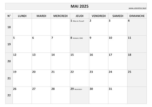 Calendrier Mai 2025 avec semaines.