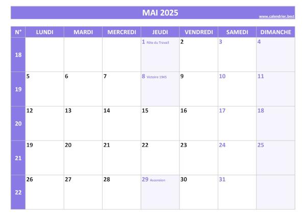 Calendrier du mois de mai 2025 avec semaines à imprimer.