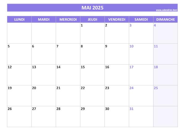 Calendrier du mois de mai 2025 à imprimer.