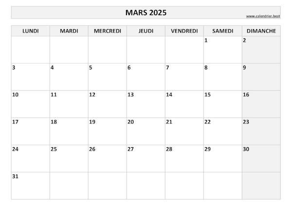 Calendrier du mois de mars 2025 à imprimer.