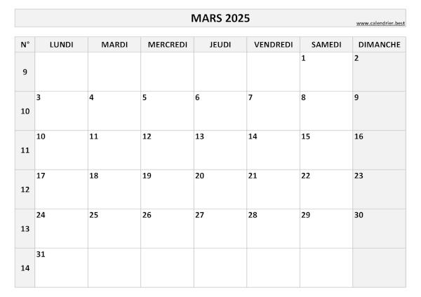 Calendrier du mois de mars 2025 avec semaines à imprimer.