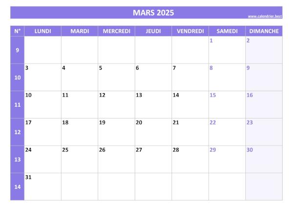 Calendrier mars 2025 avec semaines.