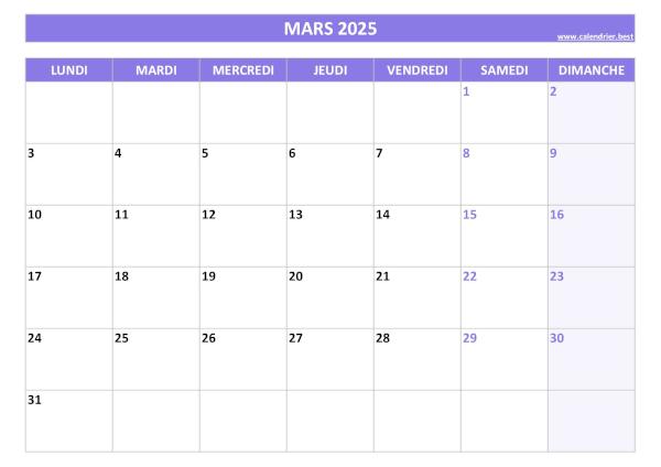 Calendrier mars 2025 à imprimer.