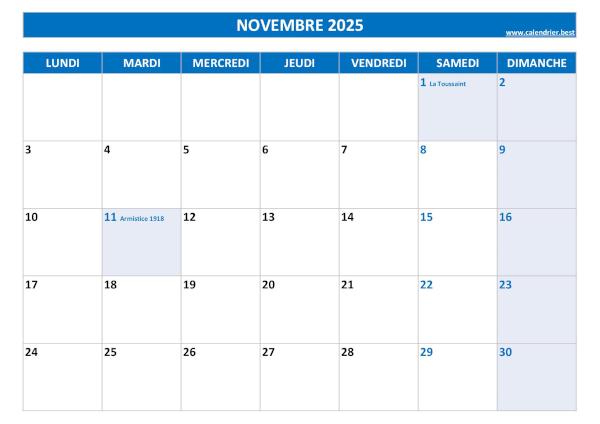 Calendrier Novembre 2025 à imprimer avec jours fériés.