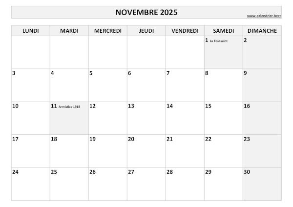 Calendrier du mois de novembre 2025 avec jours fériés à imprimer.