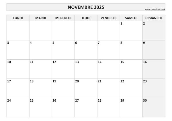 Calendrier Novembre 2025 à imprimer.