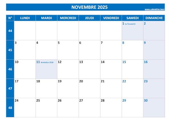 Calendrier novembre 2025 avec semaines.