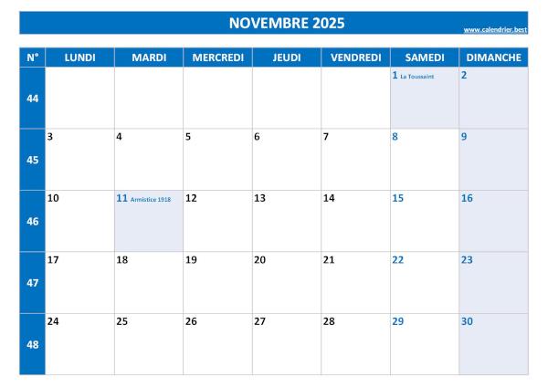 Calendrier novembre 2025 à imprimer.