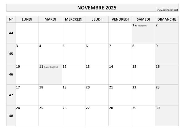 Calendrier Novembre 2025 avec semaines.