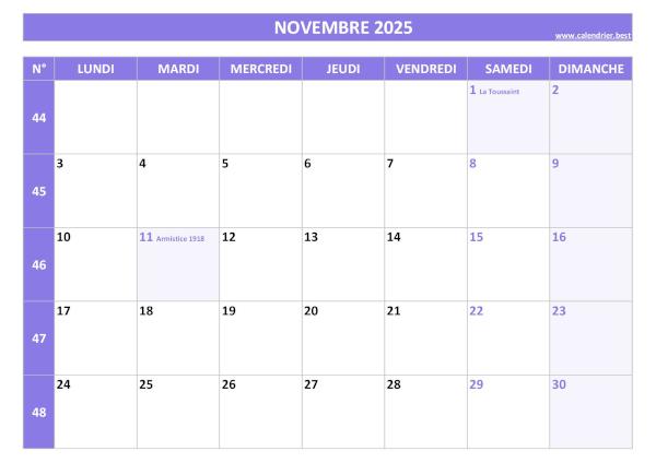 Calendrier du mois de novembre 2025 avec semaines à imprimer.