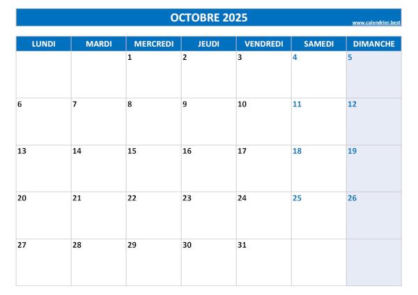 Calendrier du mois d'octobre 2025 à imprimer.