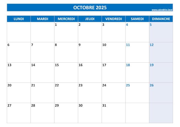 Calendrier Octobre 2025 à imprimer.