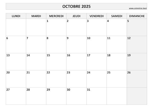 Calendrier Octobre 2025 à imprimer.