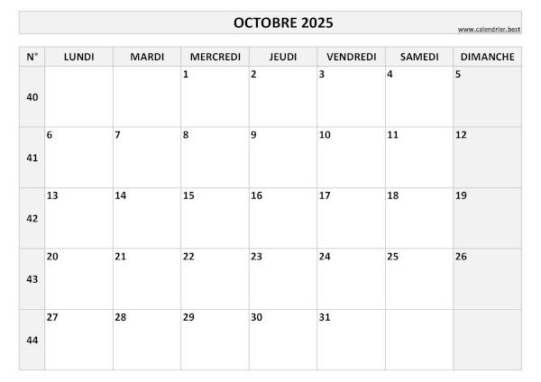 Calendrier Octobre 2025 avec semaines.