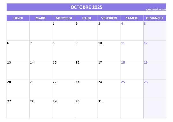 Calendrier Octobre 2025 à imprimer.