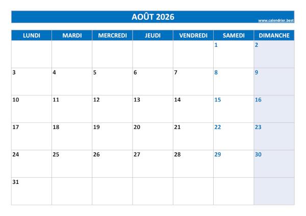 Calendrier Août 2026 à imprimer.