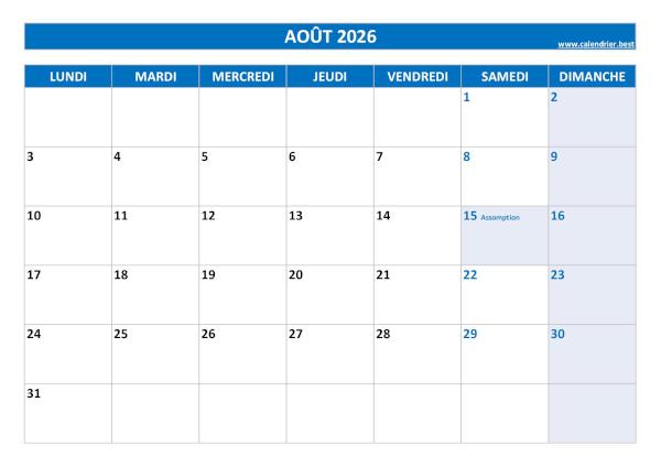 Calendrier Août 2026 à imprimer avec jours fériés.