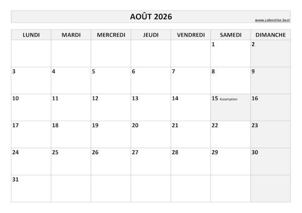 Calendrier Août 2026 à imprimer avec jours fériés.