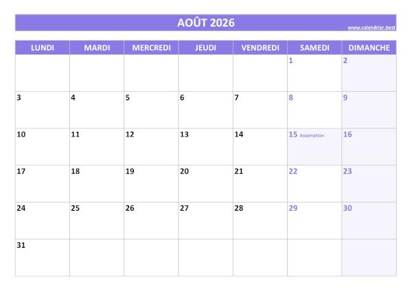 Calendrier du mois d'Août 2026 avec jours fériés à imprimer.