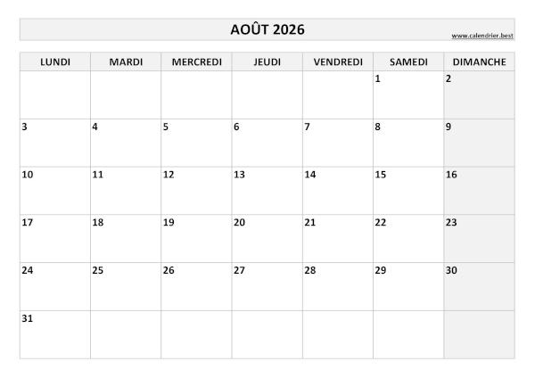 Calendrier Août 2026 à imprimer.