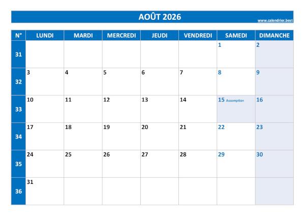 Calendrier août 2026 avec semaines.