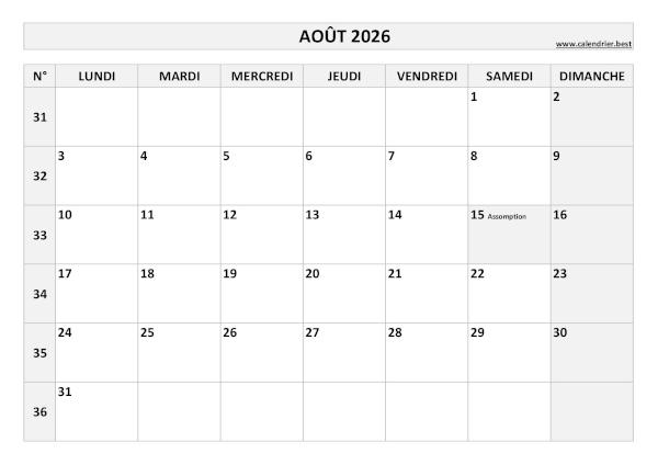 Calendrier Août 2026 avec semaines.