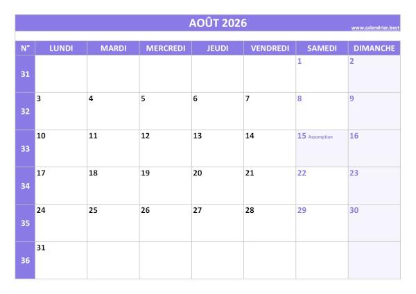 Calendrier du mois d'Août 2026 avec semaines à imprimer.