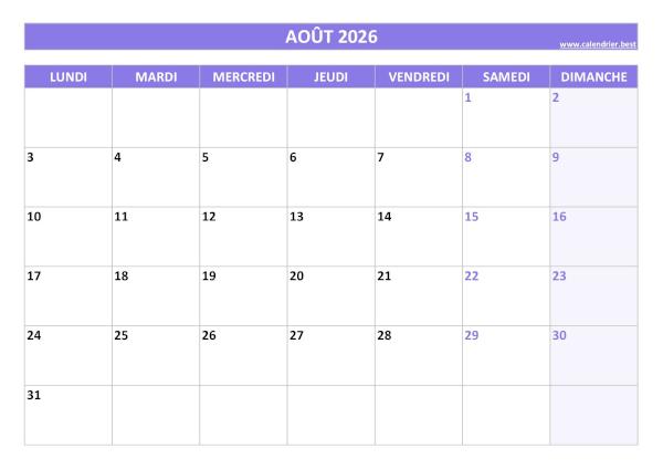 Calendrier mensuel vierge à imprimer, mois d'Août2026, thème violet. Calendrier Août 2026 vierge à imprimer.