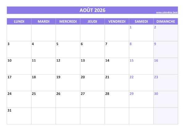 Calendrier du mois d'Août 2026 à imprimer.