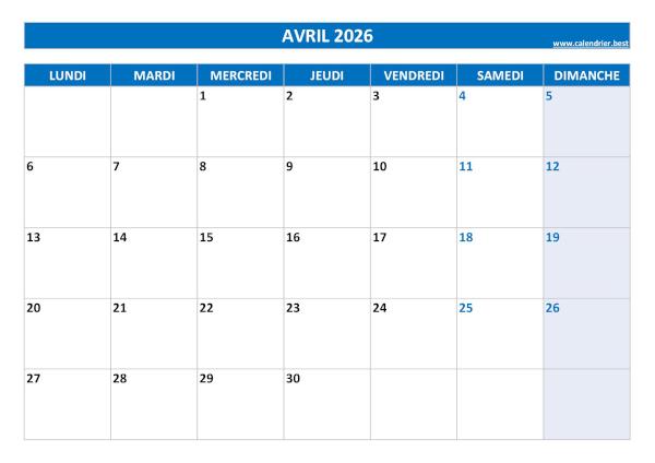 Calendrier du mois d'avril 2026 à imprimer.