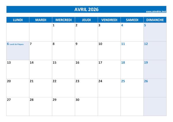 Calendrier du mois d'Avril 2026 avec jours fériés à imprimer gratuitement en pdf ou jpg, format A4 paysage, thème bleu Calendrier Avril 2026 à imprimer avec jours fériés.
