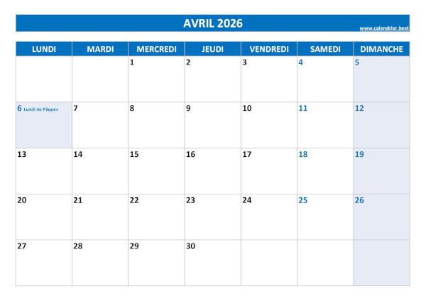 Calendrier Avril 2026 à imprimer avec jours fériés.