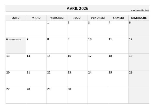 Calendrier du mois d'Avril 2026 avec jours fériés à imprimer gratuitement en pdf ou jpg, format A4 paysage, thème noir et blanc Calendrier Avril 2026 à imprimer avec jours fériés.