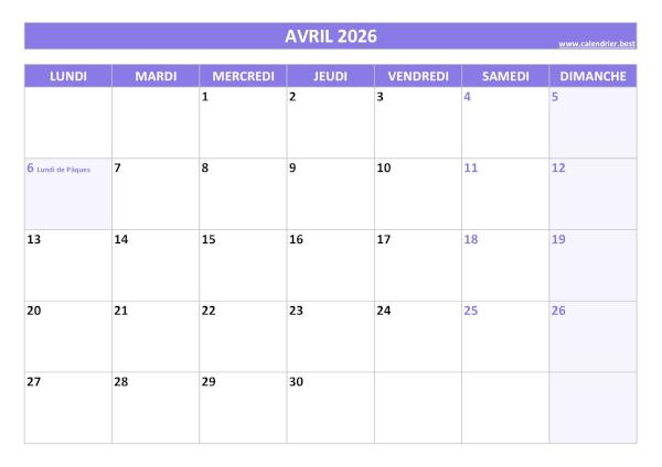 Calendrier du mois d'avril 2026 avec jours fériés à imprimer.