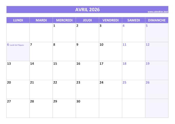 Calendrier Avril 2026 à imprimer avec jours fériés.