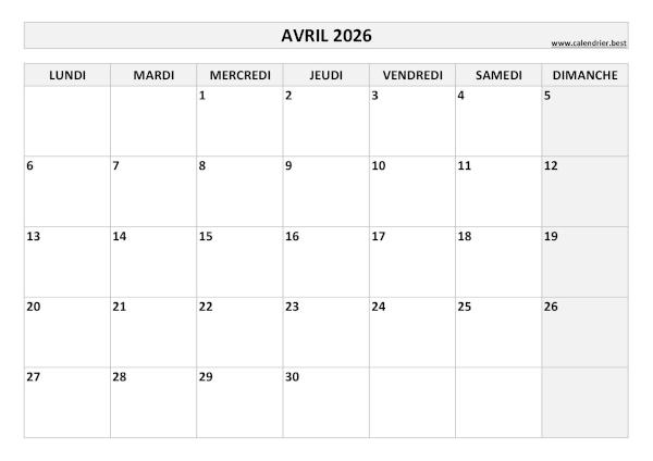 Calendrier Avril 2026 à imprimer.