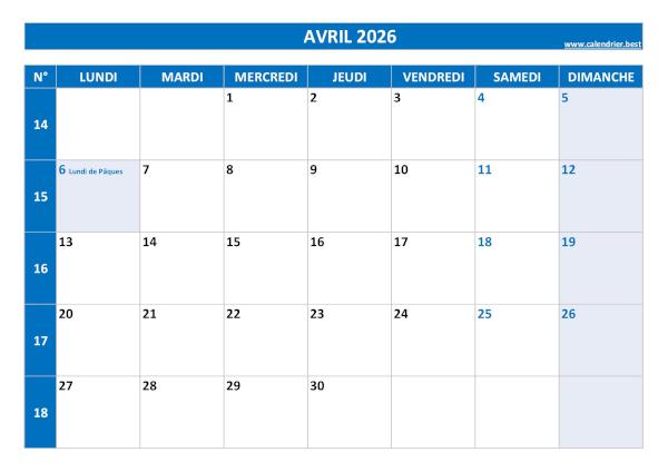 Calendrier du mois d'avril 2026 avec semaines à imprimer.
