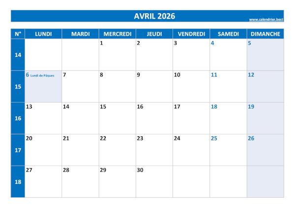 Calendrier Avril 2026 à imprimer.