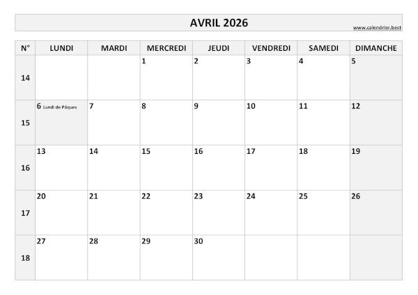 Calendrier Avril 2026 avec semaines.