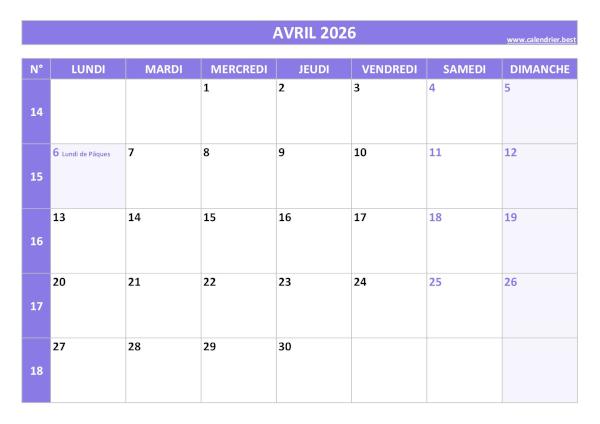 Calendrier Avril 2026 avec semaines.