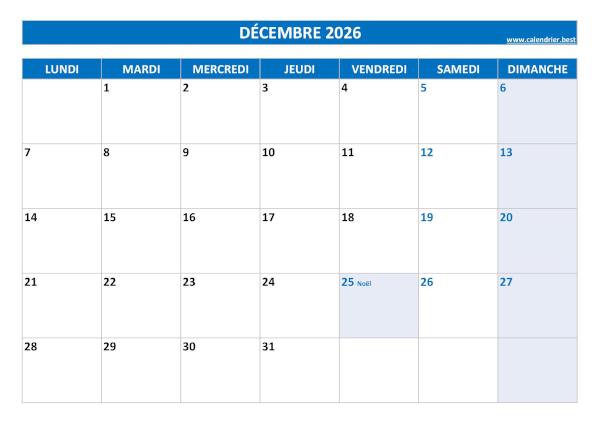 Calendrier du mois de décembre avec jours fériés 2026 à imprimer.