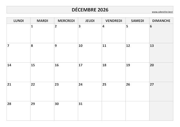 Calendrier Décembre 2026 à imprimer.