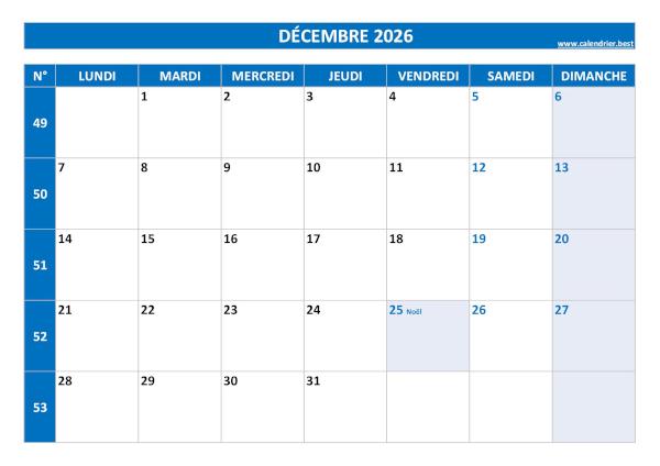 Calendrier décembre 2026 avec semaines.