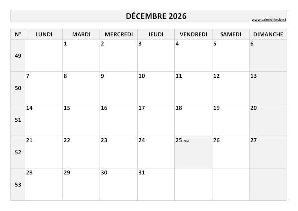 Calendrier du mois de décembre 2026 avec semaines à imprimer.