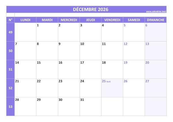 Calendrier Décembre 2026 avec semaines.