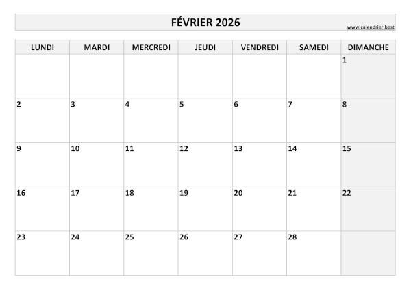 Calendrier février 2026 à imprimer.