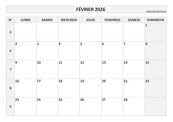 Calendrier février 2026 avec semaines.