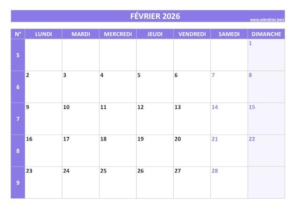 Calendrier du mois de février 2026 avec semaines à imprimer.