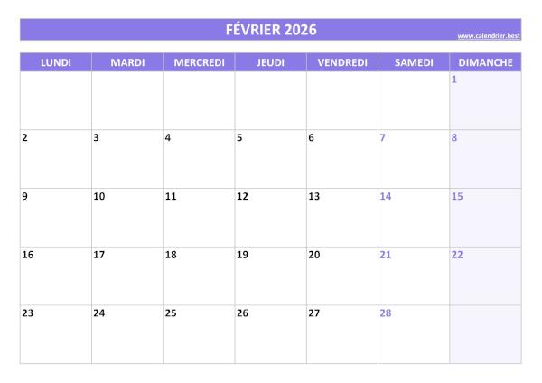 Calendrier février 2026 vierge à imprimer.